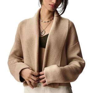 imageFlygo Womens Cropped Cardigan Sweater Oversized Shawl Lapel 2025 Fall Fashion Open Front Sweater Jacket Knit OutwearKhaki