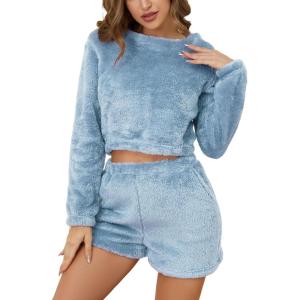 imageFlygo Womens Fuzzy Pajama Shorts Set Flannel Pajamas Pullover Crop Top Shorts Lounge Sets SleepwearBlue