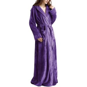 imageFlygo Womens Fuzzy Plush Long Hooded Robe Full Length Flannel Fleece Bathrobe Warm HousecoatDark Purple