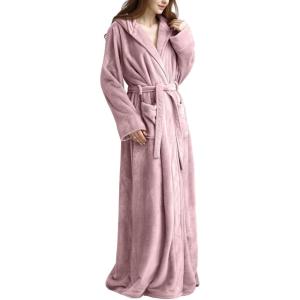 imageFlygo Womens Fuzzy Plush Long Hooded Robe Full Length Flannel Fleece Bathrobe Warm HousecoatDusty Pink