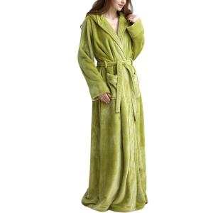 imageFlygo Womens Fuzzy Plush Long Hooded Robe Full Length Flannel Fleece Bathrobe Warm HousecoatGreen