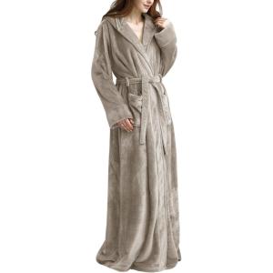 imageFlygo Womens Fuzzy Plush Long Hooded Robe Full Length Flannel Fleece Bathrobe Warm HousecoatOlive Grey