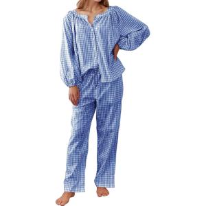 imageFlygo Womens Gingham Pajama Set 2 Piece Cotton Plaid Raglan Sleeve Button Top Straight Leg Pants Pjs Y2K Lounge Set SleepwearNavy