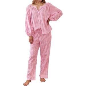 imageFlygo Womens Gingham Pajama Set 2 Piece Cotton Plaid Raglan Sleeve Button Top Straight Leg Pants Pjs Y2K Lounge Set SleepwearPink