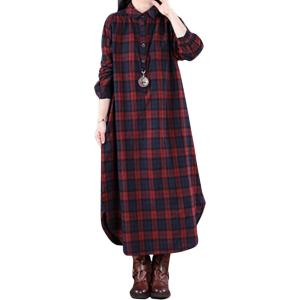imageFlygo Womens Long Sleeve Button Plaid Long Shirt Loose Casual Midi Dress SleepwearRed