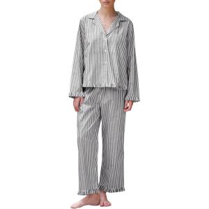 imageFlygo Womens Striped Pajama Sets 2 Piece Cotton Lounge Sets Button Down Top Straight Leg Pants with Pockets Y2K Pj SleepwearBlack