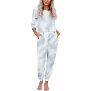 imageFlygo Womens Two Piece Pajamas Tie Dye Printed Long Sleeve Tops and Pants Joggers Sleepwear PJ Sets Nightwear LoungewearCyan