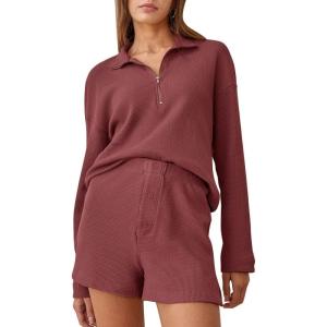 imageFlygo Womens Waffle Knit Pajama Set Long Sleeve Tops and Shorts Matching Lounge Set Loungewear SweatsuitBrickred