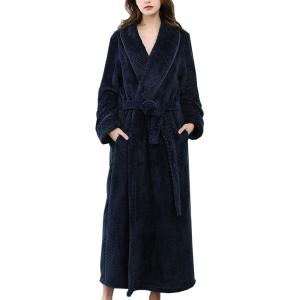 imageFlygo Womens Winter Fleece Plush Bathrobe Long Flannel Sleepwear BeltedNavy