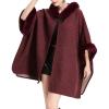imageFlygo Womens Luxury Batwing Sleeve Faux Fur Hooded Cloak Poncho Sweater Cape OutwearWine Red