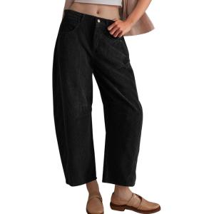 imageFlygo Womens Corduroy Pants Mid Rise Corduroy Barrel Pants Wide Leg Elastic Waist Cord Pants Casual Baggy TrousersBlack