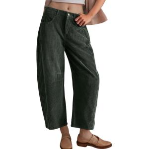 imageFlygo Womens Corduroy Pants Mid Rise Corduroy Barrel Pants Wide Leg Elastic Waist Cord Pants Casual Baggy TrousersDark Green