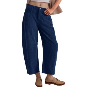 imageFlygo Womens Corduroy Pants Mid Rise Corduroy Barrel Pants Wide Leg Elastic Waist Cord Pants Casual Baggy TrousersNavyblue