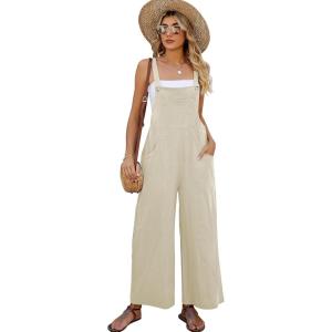 imageFlygo Womens Cotton Bib Overalls Loose Fit Wide Leg Jumpsuits Casual Rompers with PocketsBeige