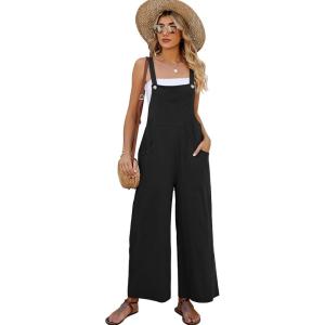 imageFlygo Womens Cotton Bib Overalls Loose Fit Wide Leg Jumpsuits Casual Rompers with PocketsBlack