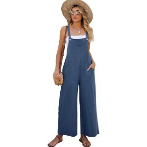 imageFlygo Womens Cotton Bib Overalls Loose Fit Wide Leg Jumpsuits Casual Rompers with PocketsBlue