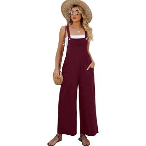 imageFlygo Womens Cotton Bib Overalls Loose Fit Wide Leg Jumpsuits Casual Rompers with PocketsBurgundy