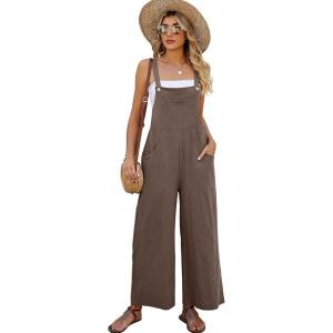 imageFlygo Womens Cotton Bib Overalls Loose Fit Wide Leg Jumpsuits Casual Rompers with PocketsCoffee