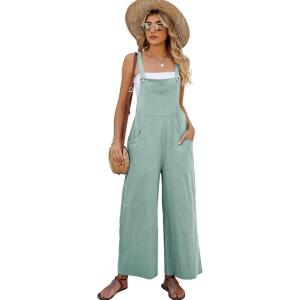 imageFlygo Womens Cotton Bib Overalls Loose Fit Wide Leg Jumpsuits Casual Rompers with PocketsCyan