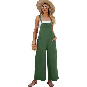 imageFlygo Womens Cotton Bib Overalls Loose Fit Wide Leg Jumpsuits Casual Rompers with PocketsGreen