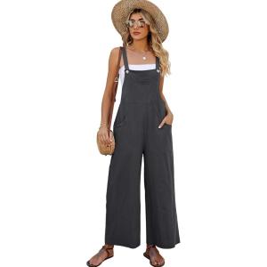 imageFlygo Womens Cotton Bib Overalls Loose Fit Wide Leg Jumpsuits Casual Rompers with PocketsGrey