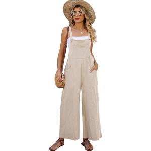 imageFlygo Womens Cotton Bib Overalls Loose Fit Wide Leg Jumpsuits Casual Rompers with PocketsKhaki