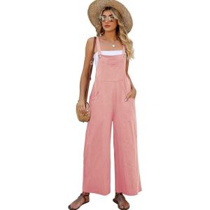 imageFlygo Womens Cotton Bib Overalls Loose Fit Wide Leg Jumpsuits Casual Rompers with PocketsPink