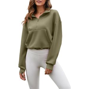 imageFlygo Womens Crop Half Zip Pullover Workout Big Pocket Sweatshirt Fleece Lined Sweatshirt Sweater Tops with Thumb HoleGreen