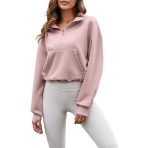 imageFlygo Womens Crop Half Zip Pullover Workout Big Pocket Sweatshirt Fleece Lined Sweatshirt Sweater Tops with Thumb HolePink