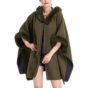 imageFlygo Womens Luxury Batwing Sleeve Faux Fur Hooded Cloak Poncho Sweater Cape OutwearArmy Green
