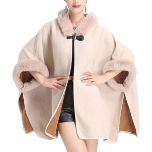 imageFlygo Womens Luxury Batwing Sleeve Faux Fur Hooded Cloak Poncho Sweater Cape OutwearBeige