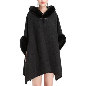 imageFlygo Womens Luxury Batwing Sleeve Faux Fur Hooded Cloak Poncho Sweater Cape OutwearBlack