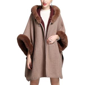 imageFlygo Womens Luxury Batwing Sleeve Faux Fur Hooded Cloak Poncho Sweater Cape OutwearDark Khaki