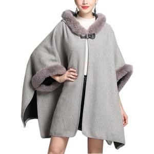 imageFlygo Womens Luxury Batwing Sleeve Faux Fur Hooded Cloak Poncho Sweater Cape OutwearGrey