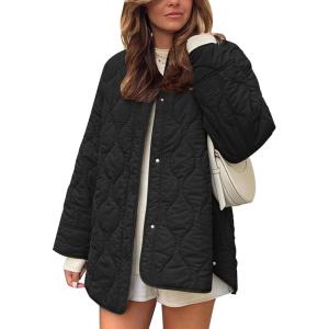 imageFlygo Womens Oversized Quilted Lightweight Jacket Button Down Puffer Padded Outerwear with PocketBlack