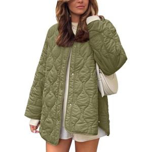 imageFlygo Womens Oversized Quilted Lightweight Jacket Button Down Puffer Padded Outerwear with PocketGreen