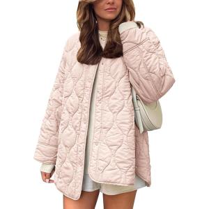 imageFlygo Womens Oversized Quilted Lightweight Jacket Button Down Puffer Padded Outerwear with PocketPink