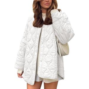imageFlygo Womens Oversized Quilted Lightweight Jacket Button Down Puffer Padded Outerwear with PocketWhite