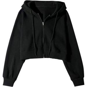 imageFlygo Womens Waffle Knit Cropped Zip Up Hoodie Vintage Long Sleeve Sweatshirt Jacket with HoodBlack