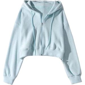 imageFlygo Womens Waffle Knit Cropped Zip Up Hoodie Vintage Long Sleeve Sweatshirt Jacket with HoodBlue