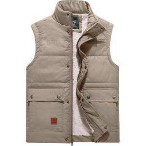 imageFlygo Mens Winter Warm Outdoor Padded Puffer Vest Thick Fleece Lined Sleeveless JacketKhaki