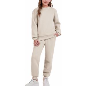 imageFlygo Boys Girls 2 Piece Outfits Fleece Kids Sweatsuit Crewneck Sweatshirt and Sweatpants Tracksuit Clothing SetBeige