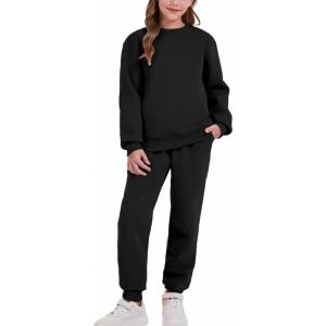 imageFlygo Boys Girls 2 Piece Outfits Fleece Kids Sweatsuit Crewneck Sweatshirt and Sweatpants Tracksuit Clothing SetBlack