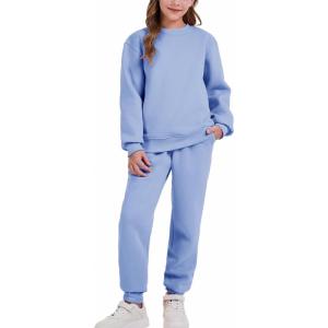 imageFlygo Boys Girls 2 Piece Outfits Fleece Kids Sweatsuit Crewneck Sweatshirt and Sweatpants Tracksuit Clothing SetLight Blue