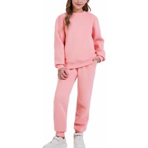 imageFlygo Boys Girls 2 Piece Outfits Fleece Kids Sweatsuit Crewneck Sweatshirt and Sweatpants Tracksuit Clothing SetPink
