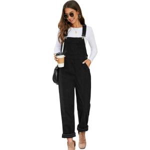 imageFlygo Corduroy Overalls for Women Loose Fit Adjustable Straps Long Bib Pants Wide Leg Jumpsuits with PocketsBlack