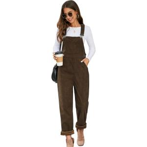imageFlygo Corduroy Overalls for Women Loose Fit Adjustable Straps Long Bib Pants Wide Leg Jumpsuits with PocketsBrown