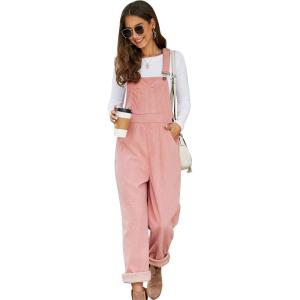 imageFlygo Corduroy Overalls for Women Loose Fit Adjustable Straps Long Bib Pants Wide Leg Jumpsuits with PocketsPink