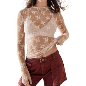 imageFlygo Womens See Through Floral Lace Layering Top Shirt Blouse Mock Neck Sheer Long Sleeve Mesh TopsApricot