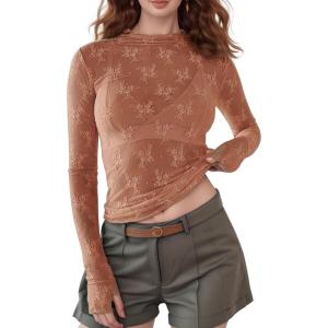 imageFlygo Womens See Through Floral Lace Layering Top Shirt Blouse Mock Neck Sheer Long Sleeve Mesh TopsMellow Rose